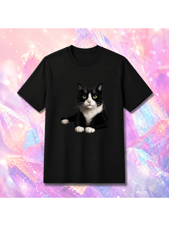 Tuxedo Cat Green Eyes Artistic Feline Portrait Graphic Unisex T Shirt up to 5XL