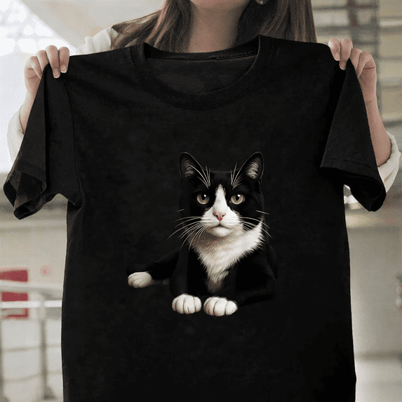 Tuxedo Cat Green Eyes Artistic Feline Portrait Graphic Unisex T-Shirt, up to size 3XL.