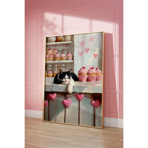Tuxedo Cat In Cupcake Bakery Valentine'S Day Poster, Cat Valentine Decor, Pink Cupcakes Wall Art,, Stretched Canvas Size 8x12