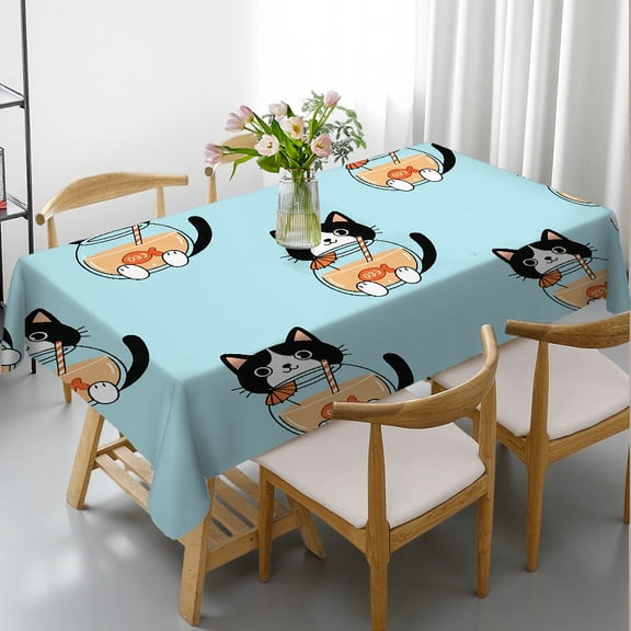 Tuxedo Cat Juice Bowl Rectangular Tablecloth, 2D Flat Printing - Kitchen Accessories Tablecloths rectangle tables large size, Cafe, dinner, brunch, buffet, picnic