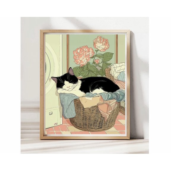 Tuxedo Cat Laundry Room Japandi Restroom Bathroom Poster Art, Unframed Poster