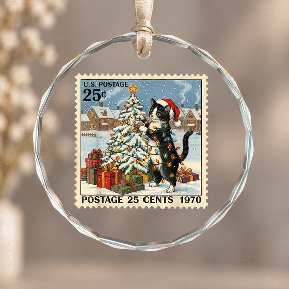 Tuxedo Cat Lover Vintage Postage 25 Cents Ornament, Hanging Decor, Circle Glass Ornament