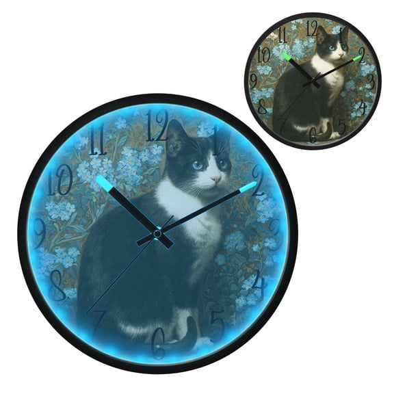 Tuxedo Cat Luminous Wall Clock with Sound-Activated LED 12-Inch Silent Acrylic Timepiece for Bedroom Livingroom or Office