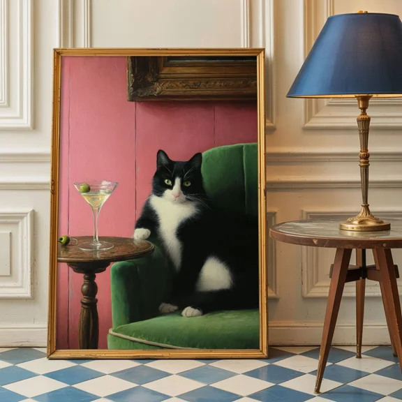 Tuxedo Cat Martini Poster | Funny Retro Cocktail Lounge Home Decor | Bar Cart, Matte Canvas Stretched, Posters for Room Bedroom Living Room Bathroom Wall Decor, Posters & Art Prints, Gift.