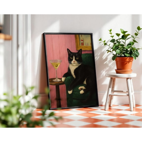 Tuxedo Cat Martini Wall Art Print, Unframed Paper Poster 8x10in