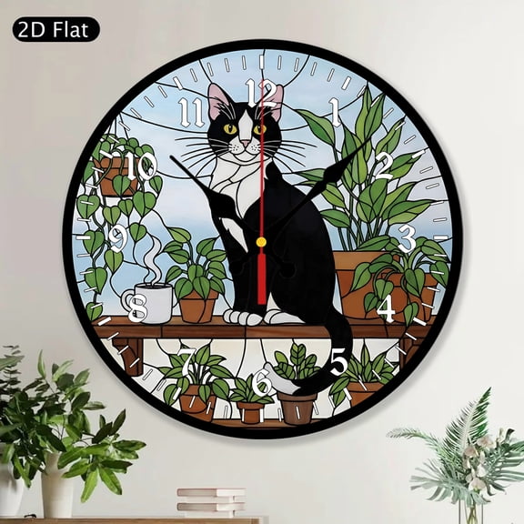 Tuxedo Cat On Bookshelf Round Wall Clock, Cat With Plants MDF Wood Wall Decor Art, Cat Lover Gift, Plants Lover Decor