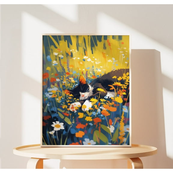 Tuxedo Cat Poster - Floral Wall Art, Sleeping Cats Print - Cute Gifts For Her - Wildflower Birthday Prints Of Cats Wall Art, Modern Wall Decor, 8x12 UNFRAMED