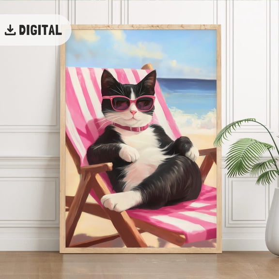 Tuxedo Cat Poster, Pinky Summer, Trendy Beach Decoration Coastal Poster Black Cat Wall Art Maximalist Dopamine Decor Retro, Unframed Poster Size 16x24