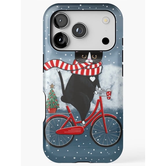 Cat Riding Food Tuxedo Cat Riding a Bicycle in Winter Tough Phone Case for iPhone 15 ...