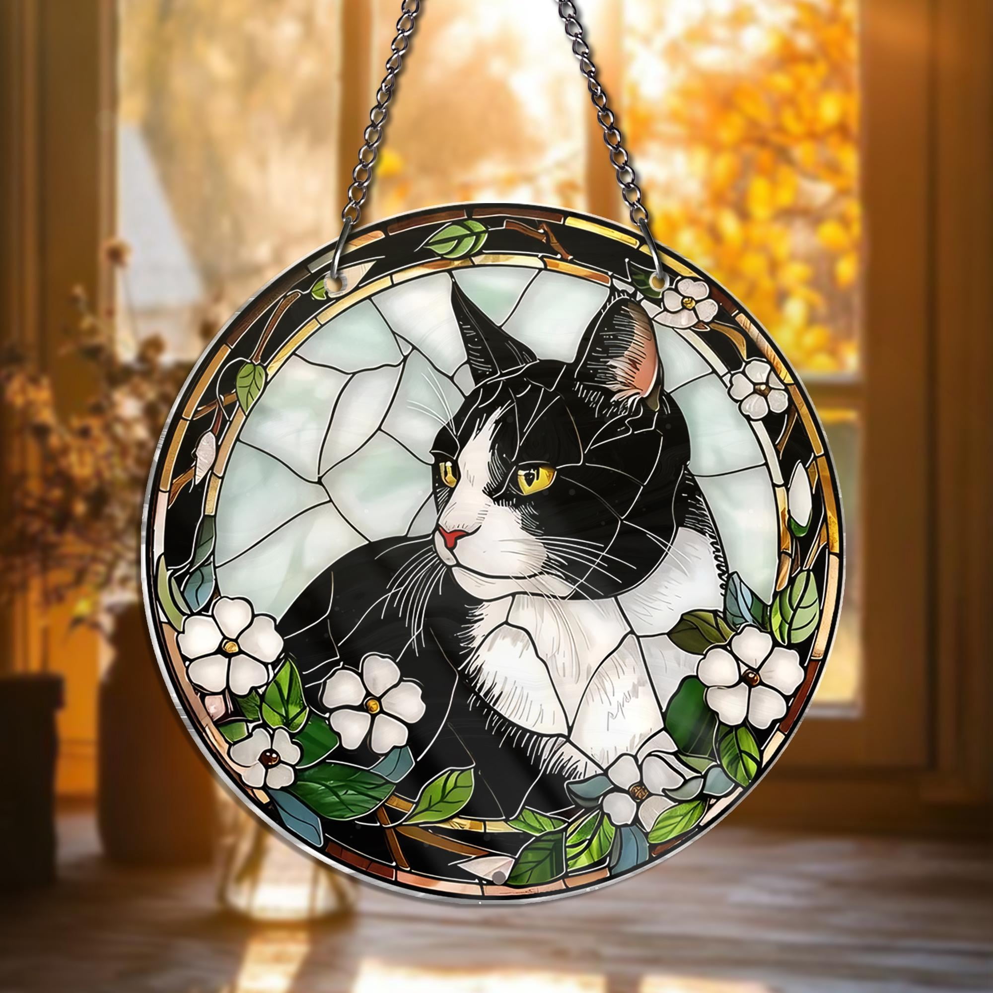 Tuxedo Cat Stained Glass Suncatcher Ã¢â‚¬â€œ Black and White Cat Window ...