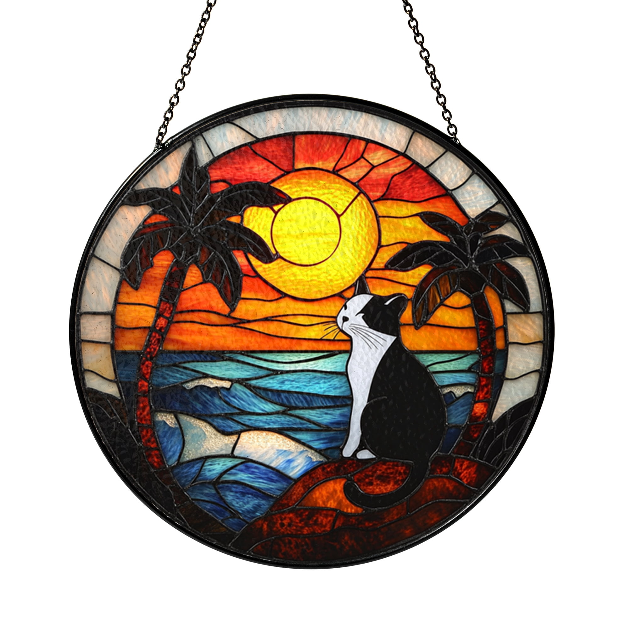 Tuxedo Cat Stained Glass Suncatcher – Round Window Panel with Beach ...
