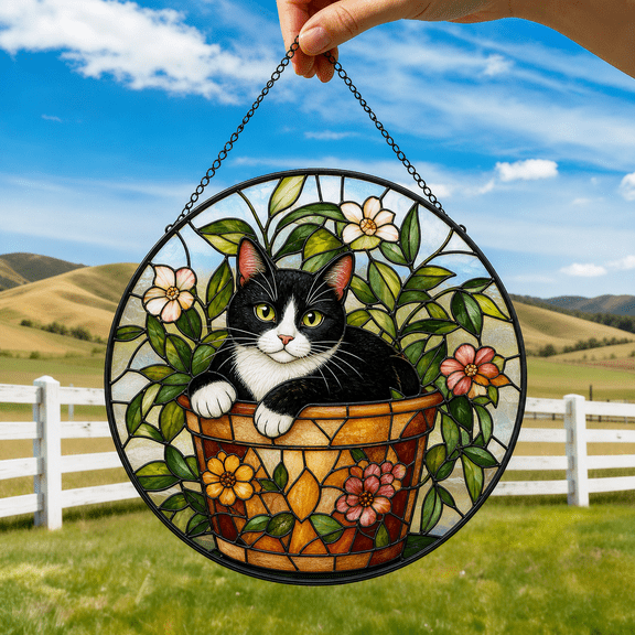 Tuxedo Cat Stained Glass Suncatcher Window Hanging Acrylic Gift for Cat Lovers