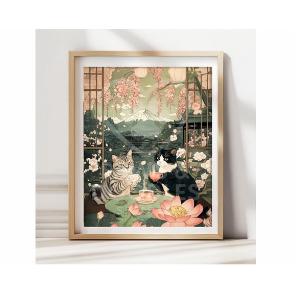 Tuxedo Cat Tea Time Print Tabby Cat Japandi Wall Art Japanese Mount Fuji Cozy Cat Decor Whimsical Pet Lover Gift, Unframed Paper Print