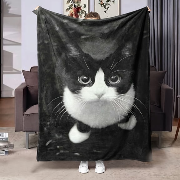 Tuxedo Cat Throw Blanket - Black & White Tabby Pattern, Heavyweight 280gsm Flannel - All Season Cozy Couch Bed Office Travel Blanket, Christmas Gift for Cat Lovers, Home Decor