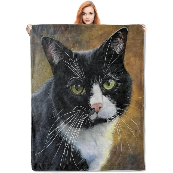 Tuxedo Cat Throw Blanket, Soft Cozy Flannel, Lightweight Warm for Couch, Bed, Sofa, Perfect for Cat Lovers and Pet Decor, 50x60 in
