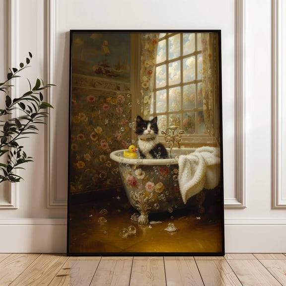 Tuxedo Cat Victorian Bubble Bath Wall Art Print, Cute Bathroom Home Decor
