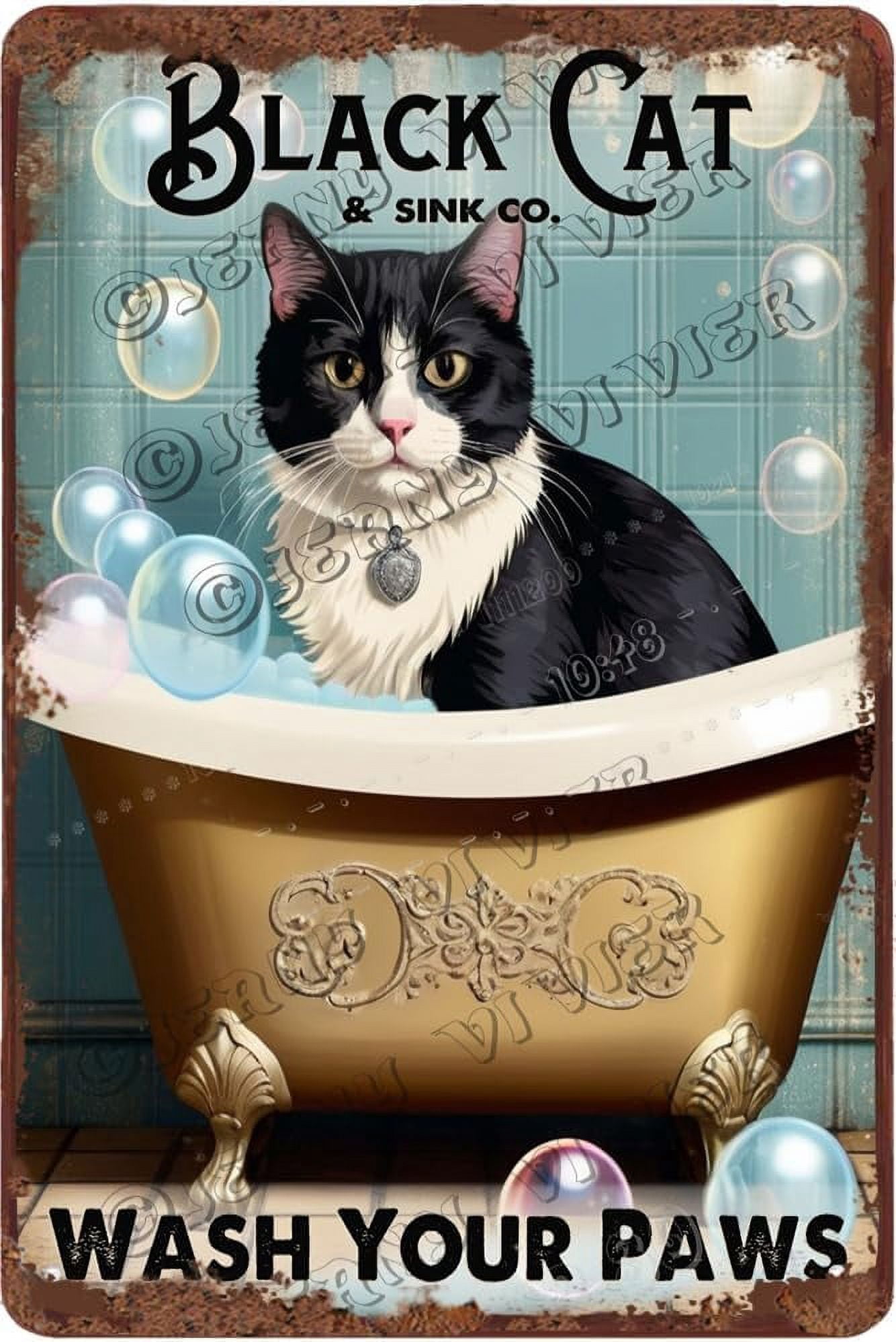 Tuxedo Cat Wash Your Paws Cat Art Retro Aluminum Sign 12x8 IN Metal Tin ...