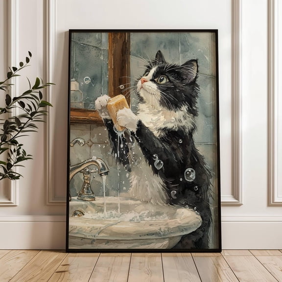Tuxedo Cat Washing Paws , Cat Printable Wall Art, Unframed Poster Size 8x12