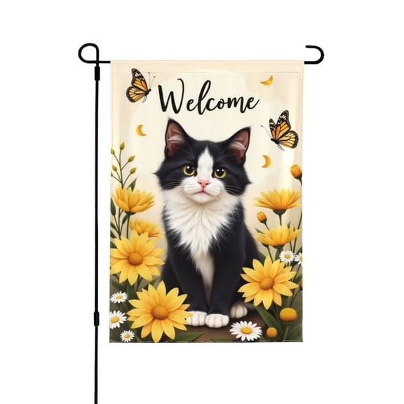 Tuxedo Cat Welcome Garden Flag 12x18 Inch Double Sided – Cute Kitten With Yellow Daisies & Butterflies Outdoor Yard Decoration For Porch, Lawn & Patio
