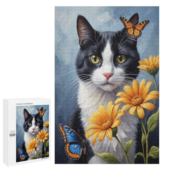 Tuxedo Cat With Flower Oil Painting 1000-Piece Puzzle for Adults - Engaging Jigsaw Puzzle Featuring Beloved Cat Breed,Wooden