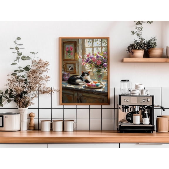 Tuxedo Cat With Macarons Poster, Cute Baking Lover'S , Kitty Kitchen Decor, Cat Lover Kitchen Art,, Stretched Canvas Size 8x12