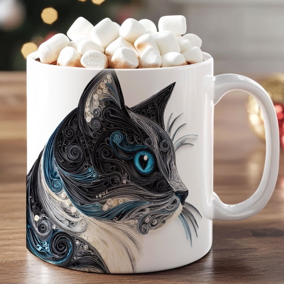 Tuxedo Cat with Blue Eyes, Quilled-look | Ceramic 11oz 15oz, Morning Coffee Cup, hot chocolate mug, brewed tea, blue eyed kitty,