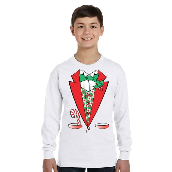 Tuxedo Christmas Costume Xmas Long Sleeve Shirts for Kids - Youth XS S M L XL - Merry Christmas Holiday Funny Xmas Tee for Boys for Girls
