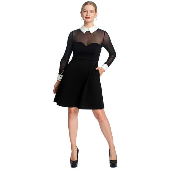 Tuxedo Fit & Flare Illusion Dress - Black & white dress with mesh sleeves, contrast collar & cuffs