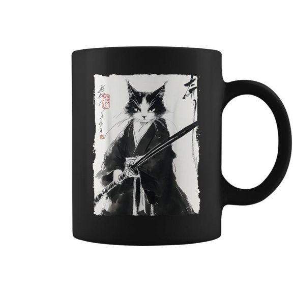 Tuxedo Samurai Cat Japanese Ink Painting Swordsman Coffee Mugs