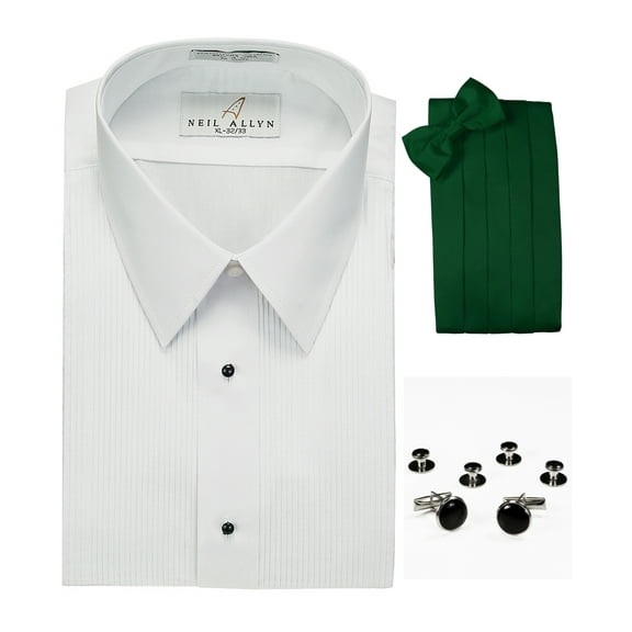 Tuxedo Shirt, Emerald Green Cummerbund, Bow-Tie, Cuff Links & Studs Set