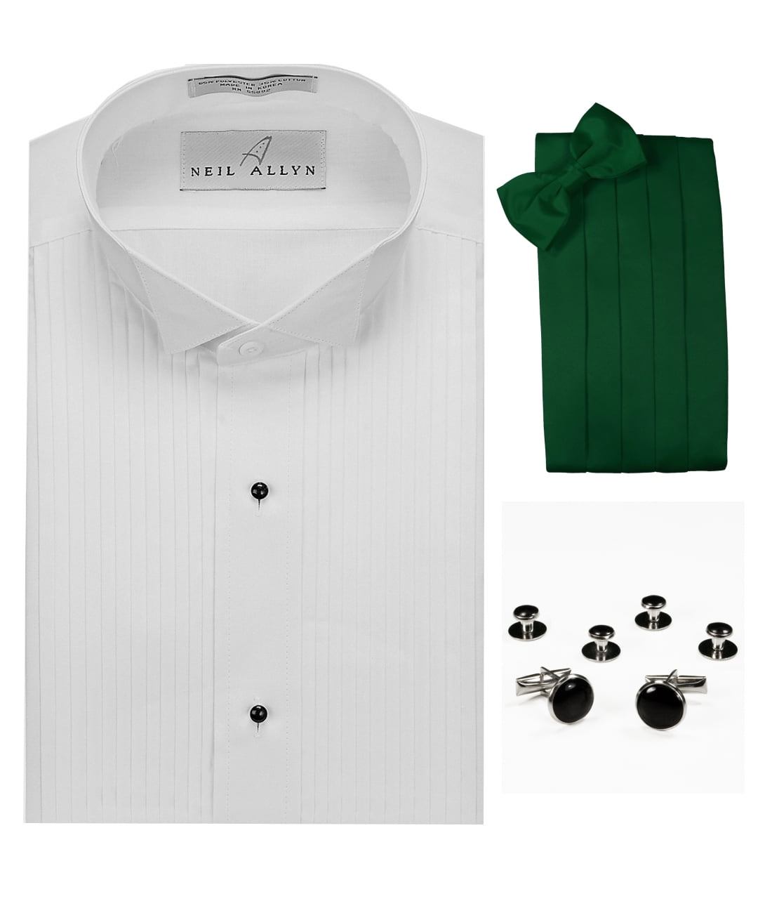 Tuxedo Shirt, Emerald Green Cummerbund, BowTie, Cuff Links & Studs Set