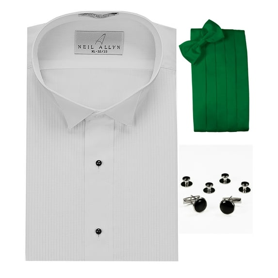 Tuxedo Shirt, Kelly Green Cummerbund, Bow-Tie, Cuff Links & Studs Set