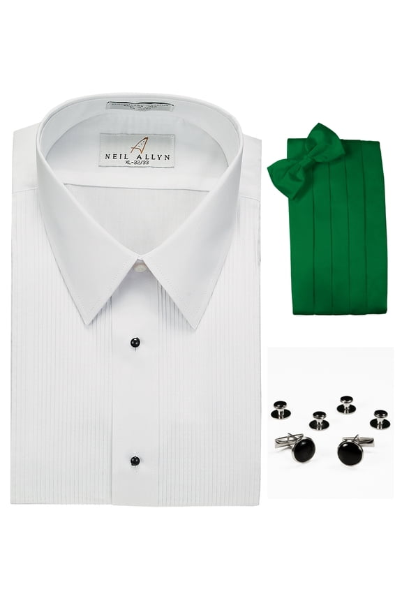Tuxedo Shirt, Kelly Green Cummerbund, Bow-Tie, Cuff Links & Studs Set