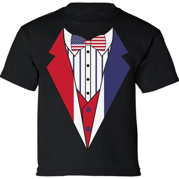 Tuxedo Shirts - 4th of July Kids Boys Girls - Funny Humor Novelty Graphic Tees - USA American Flag - Age 6 to 15