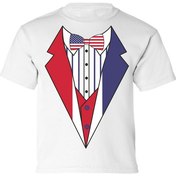Tuxedo Shirts - 4th of July Kids Boys Girls - Funny Humor Novelty Graphic Tees - USA American Flag - Age 6 to 15