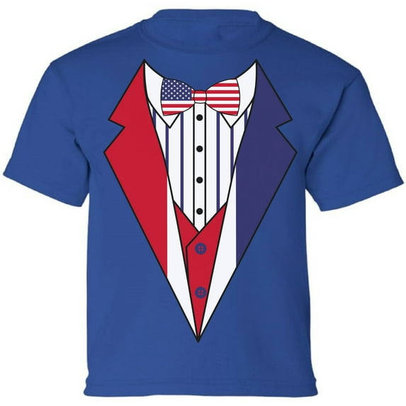 Tuxedo Shirts - 4th of July Kids Boys Girls - Funny Humor Novelty Graphic Tees - USA American Flag - Age 6 to 15