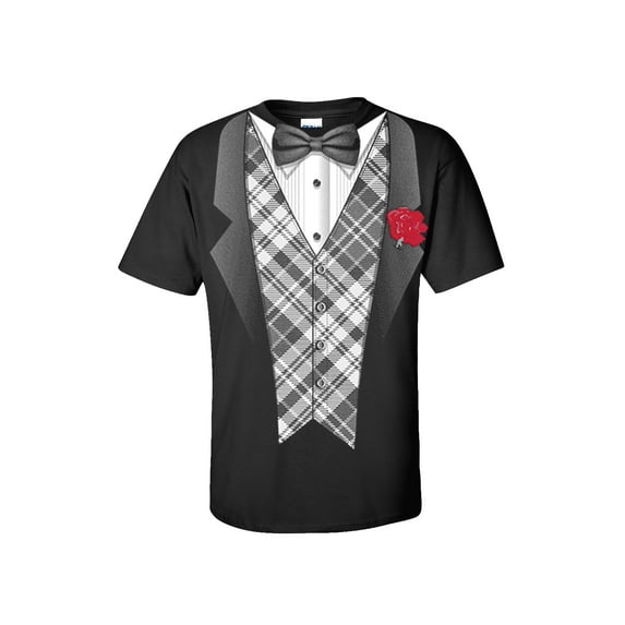 Tuxedo Short Sleeve T-shirt Classy Tux with Plaid Vest and Rose Bow Tie-Black-xxxl