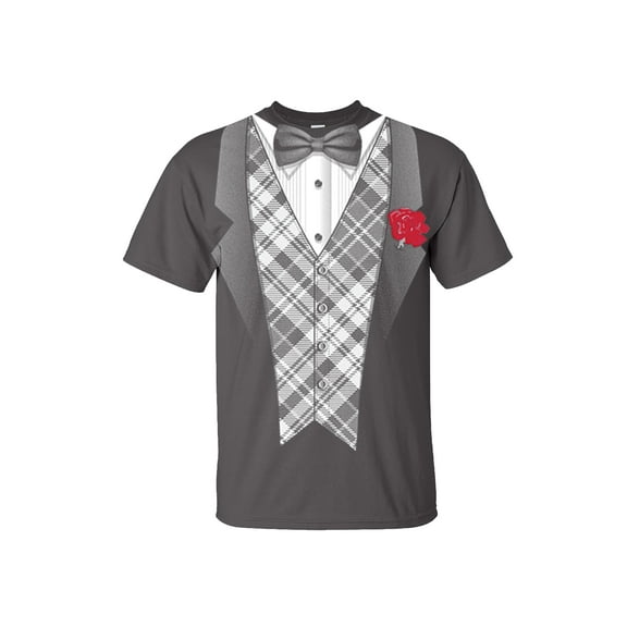 Tuxedo Short Sleeve T-shirt Classy Tux with Plaid Vest and Rose Bow Tie-Charcoal-Medium