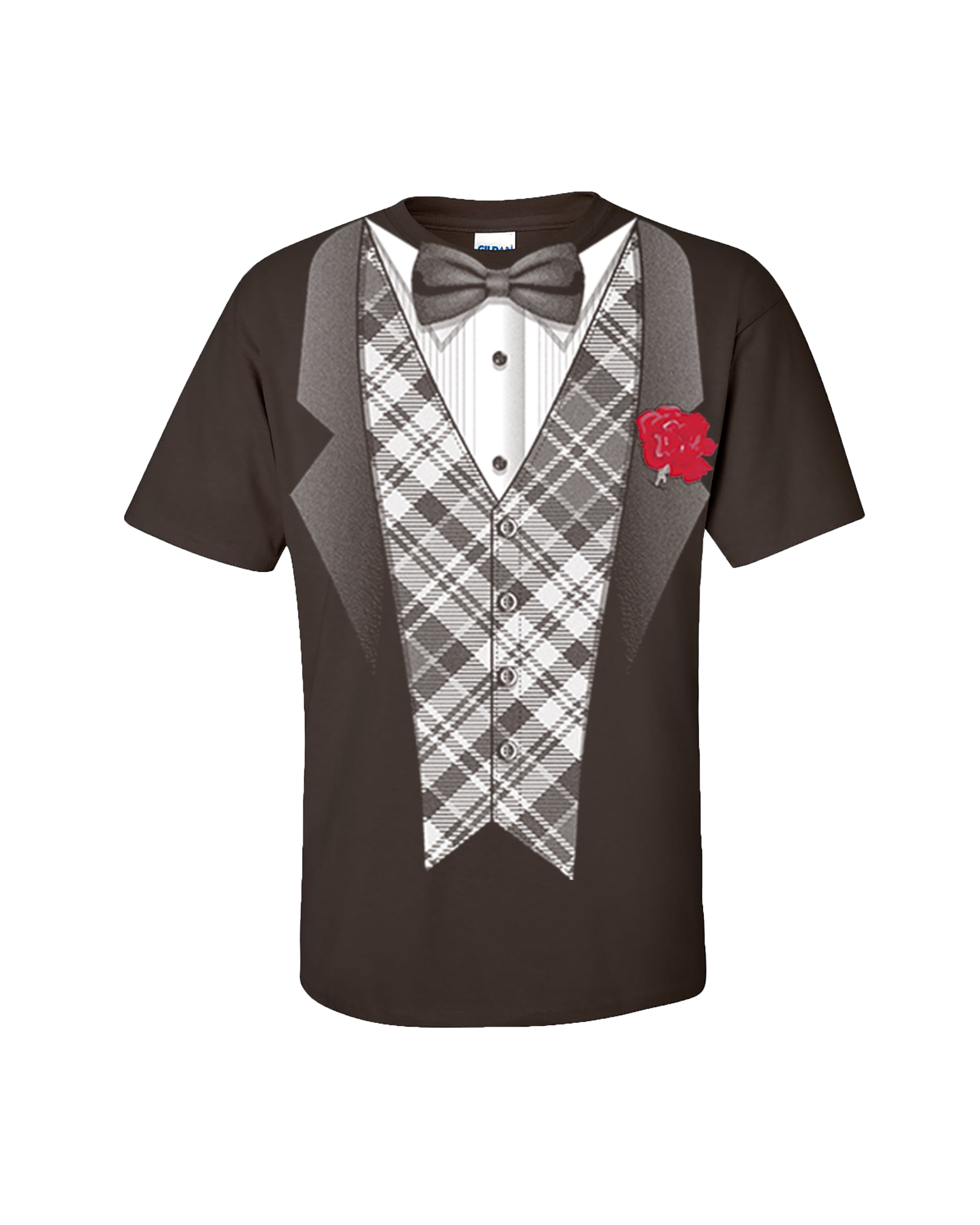 Tuxedo Short Sleeve T-shirt Classy Tux with Plaid Vest and Rose Bow Tie-Dark Chocolate-xl