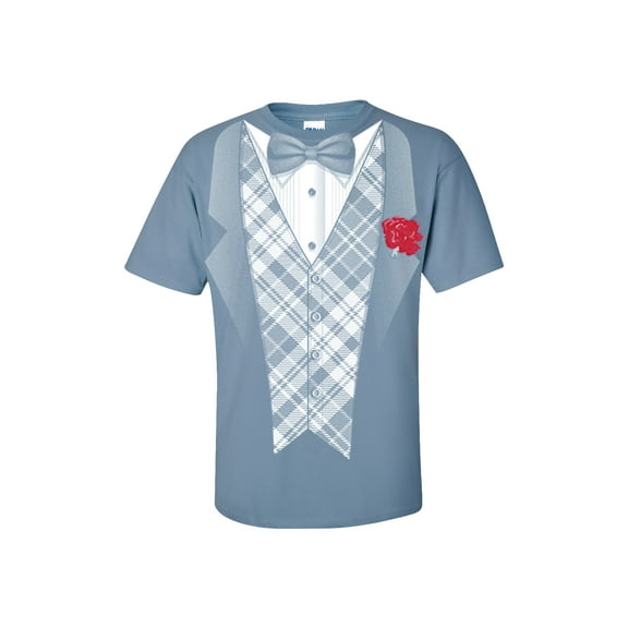 Tuxedo Short Sleeve T-shirt Classy Tux with Plaid Vest and Rose Bow Tie-Stone Blue-xl
