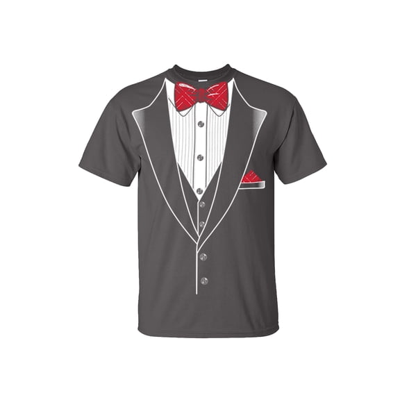 Tuxedo Short Sleeve T-shirt Classy Tux with Red Plaid Bow Tie-Charcoal-6xl