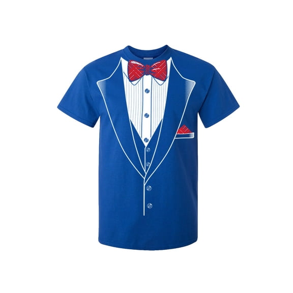 Tuxedo Short Sleeve T-shirt Classy Tux with Red Plaid Bow Tie-Royal-Medium
