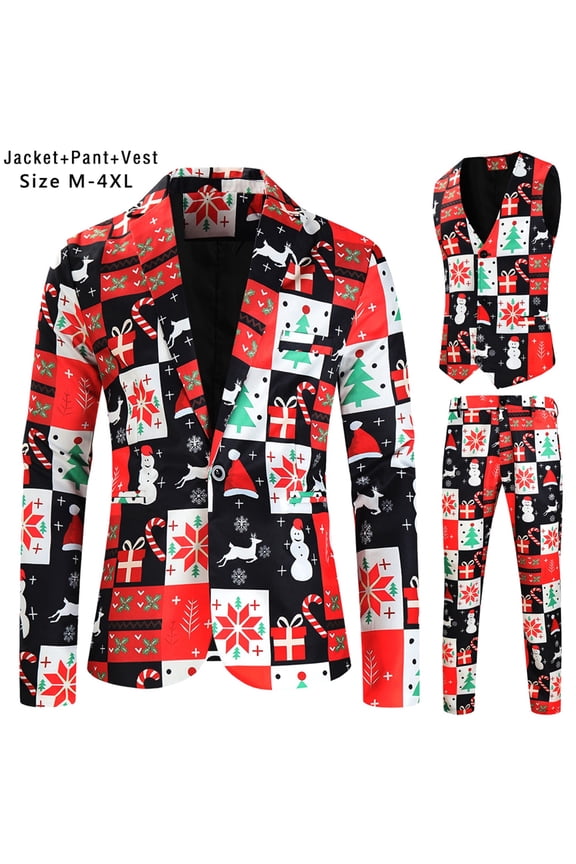 Tuxedo Suits for Men 3 Piece Regular Fit Suit Christmas Tree Print Blazer Jacket Pants Vests Men Suit Set for Christmas