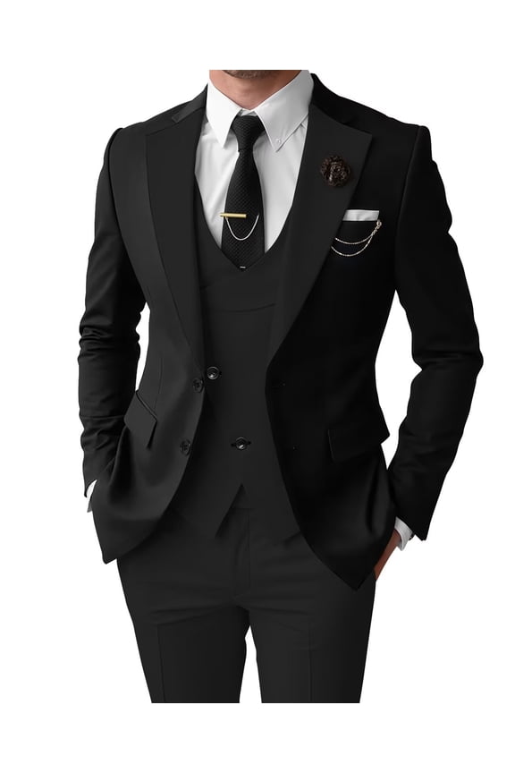 Tuxedo Suits for Men 3 Piece Regular Fit Suit Elegant Blazer Vest Pants Set Black Size L