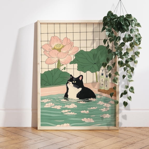 Tuxedo cat in bathtub Japanese bathroom decor Japan art print wall art Lotus Flowers poster Unique Cat Lover Gift