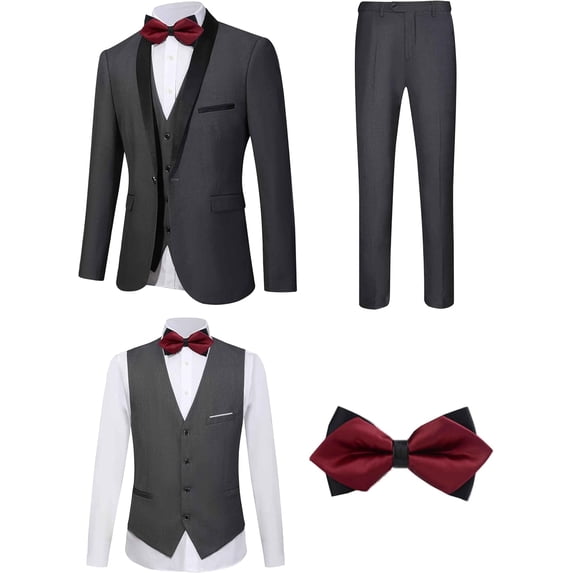 Tuxedos Suit for Men Slim Fit One-Button Suit with Shawl Lapel 4 Piece Suits Jacket Vest Pants Party Prom Set with Bow Tie