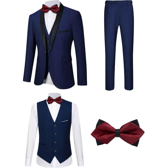 Tuxedos Suit for Men Slim Fit One-Button Suit with Shawl Lapel 4 Piece Suits Jacket Vest Pants Party Prom Set with Bow Tie