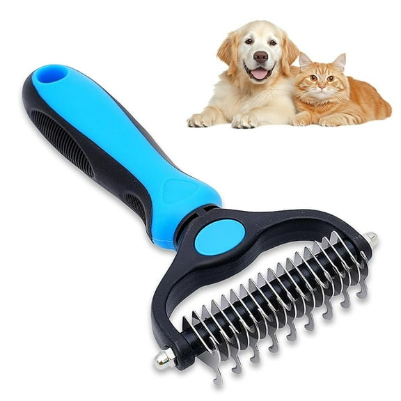 Tuxie Pet Grooming Brush - Double Sided Shedding and Dematting Undercoat Rake Comb, Deshedding Brush with Metal Comb for Detangling and Dematting Long, Matted Fur on Cats and Dogs (L-Blue)