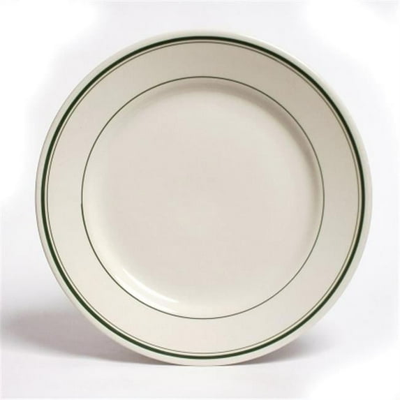 Tuxton China Green Bay 7.13 in. Wide Rim Rolled Edge China Plate - American White with Green Band - 3 Dozen