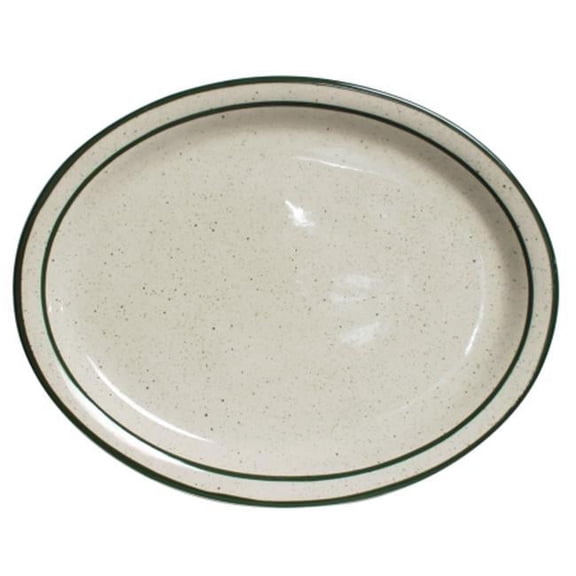 Tuxton China TES-012 Emerald 9.5 in. x 7.5 in. Narrow Rim with Green Speckle Oval Platter - American White  - 2 Dozen